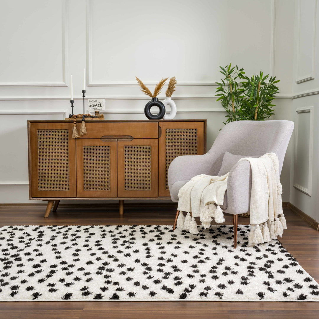 Chaia Dotted Contemporary Ivory and Black Plush Pile Area Rug - The Rug Decor