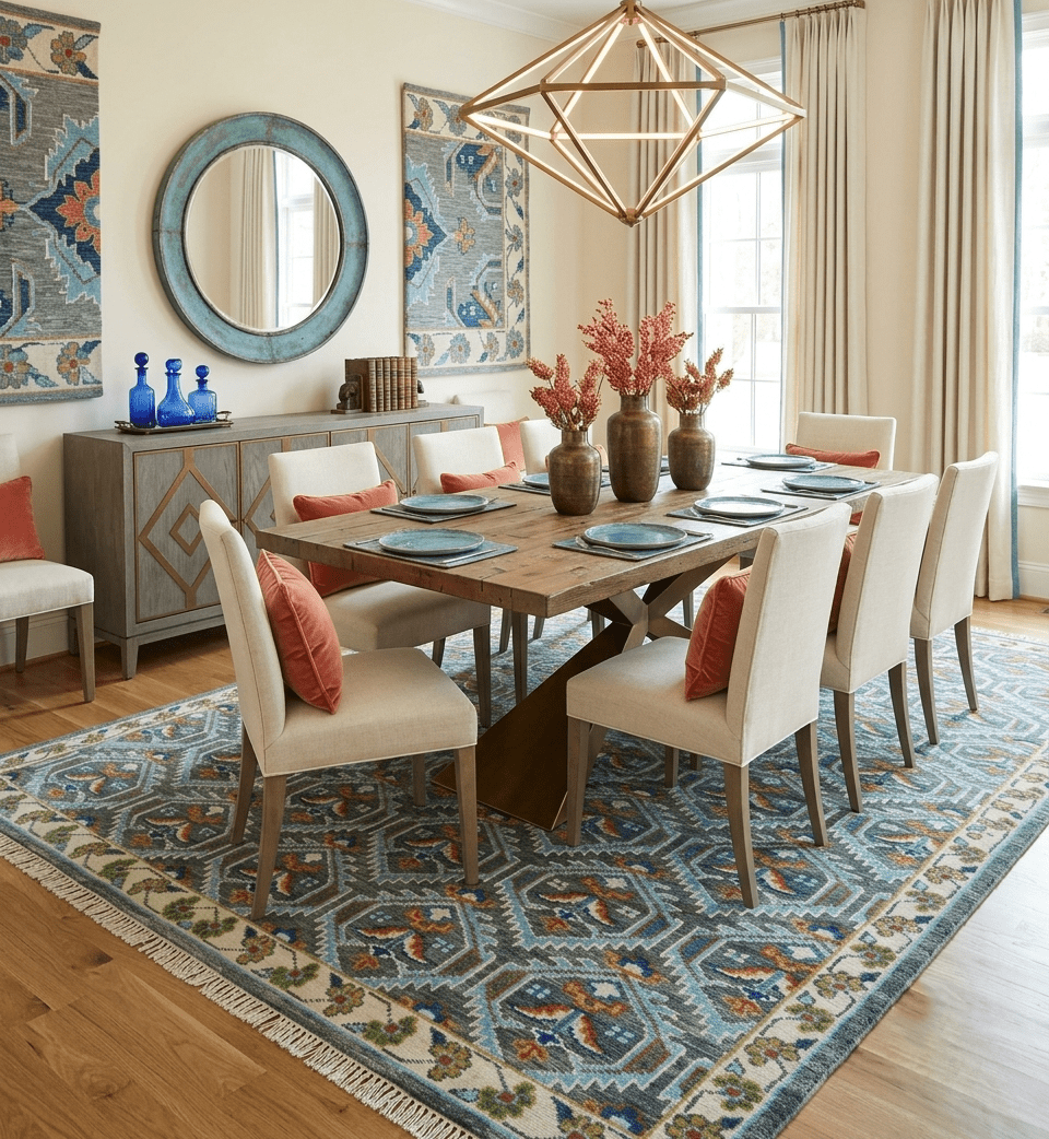Charcoal And Blue Traditional Hand Knotted Multi Size Wool area Rug - The Rug Decor