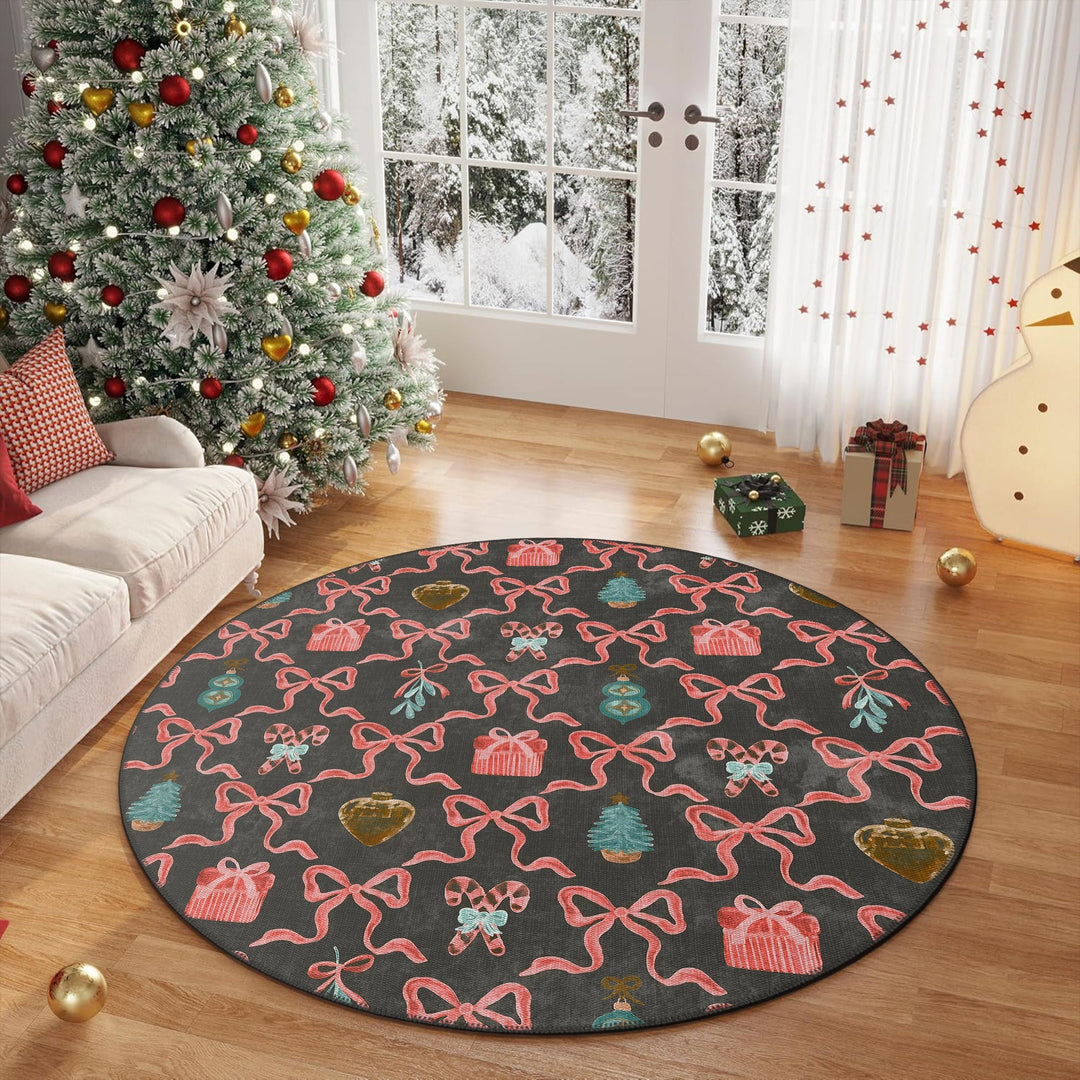 Charcoal And Pink Christmas Cotton Machine Washable Area Rug - The Rug Decor