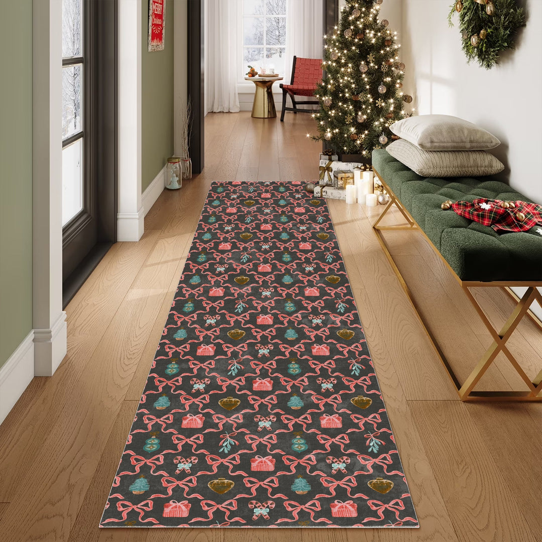 Charcoal And Pink Christmas Cotton Machine Washable Area Rug - The Rug Decor