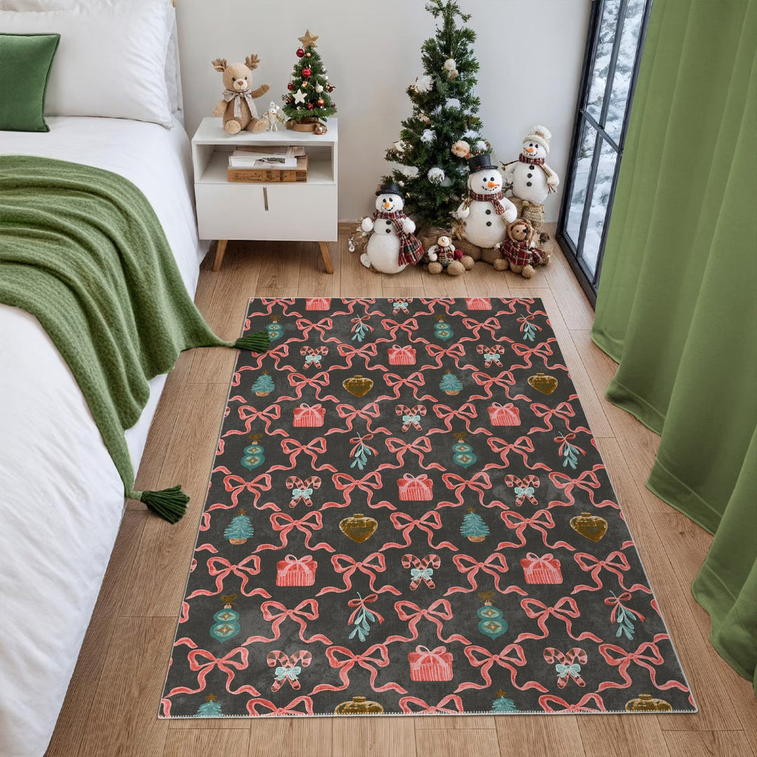 Charcoal And Pink Christmas Cotton Machine Washable Area Rug - The Rug Decor