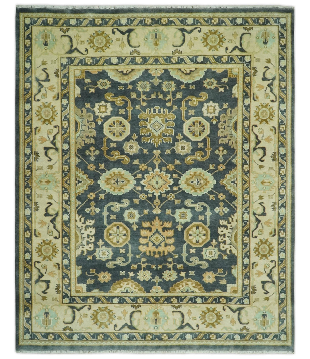 Charcoal, Beige and Olive Hand Knotted 8x10 Turkish Style Oushak Wool Area Rug - The Rug Decor