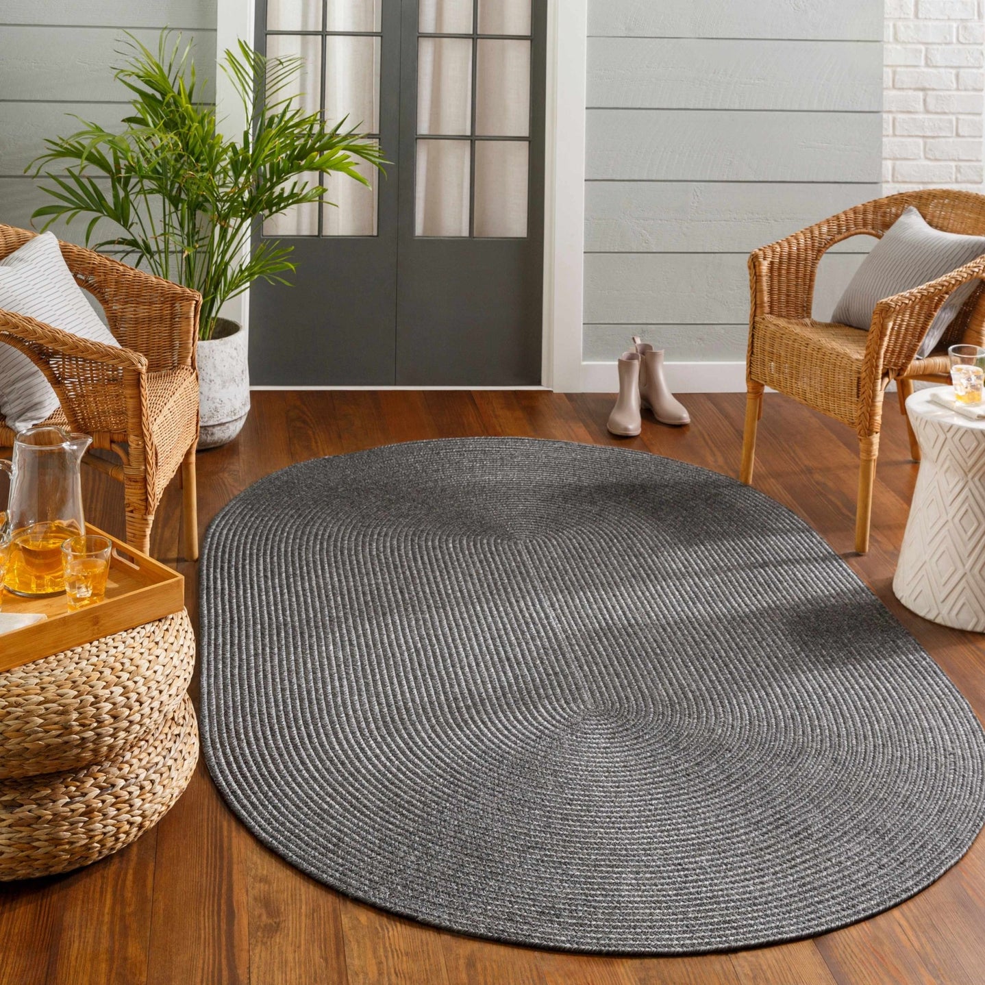 Charcoal Chevron Design Jute Braided Outdoor safe area Rug - The Rug Decor