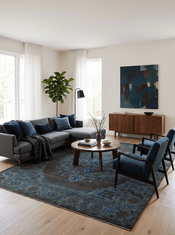 Charcoal, Gray, Green and Blue Neon look Traditional Heriz Medallion Multi Size wool Area Rug - The Rug Decor