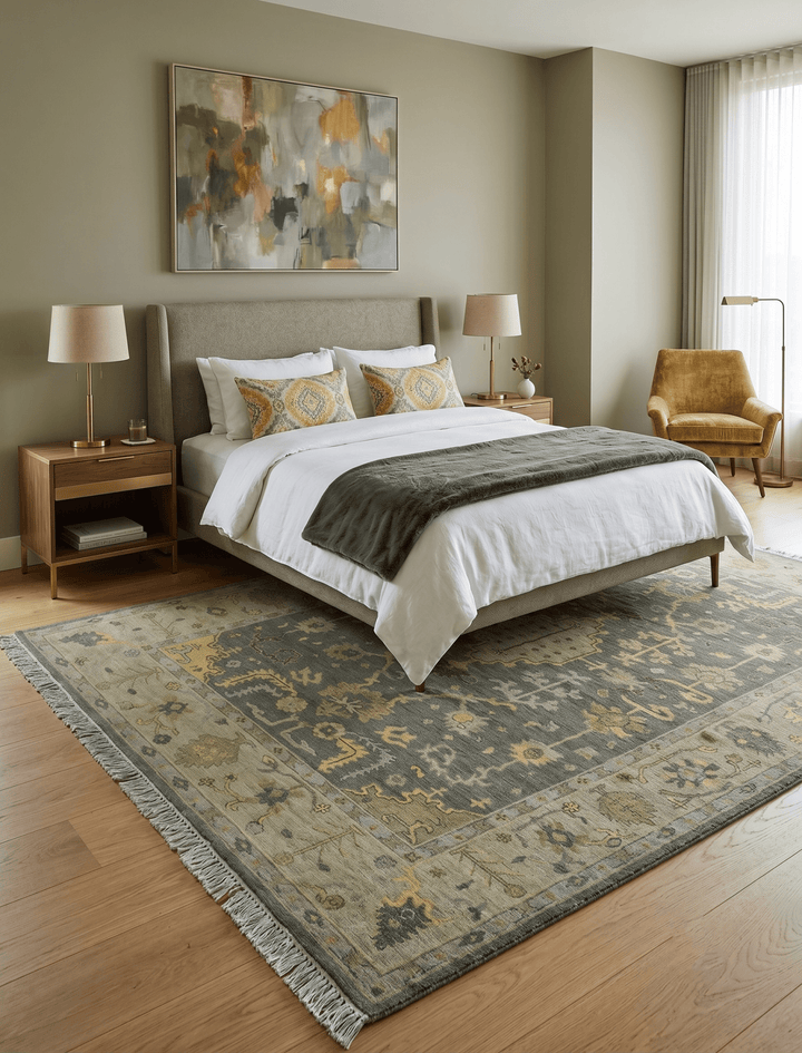 Charcoal, Olive and Mustard Hand knotted Oriental Oushak Custom Made wool Area Rug - The Rug Decor