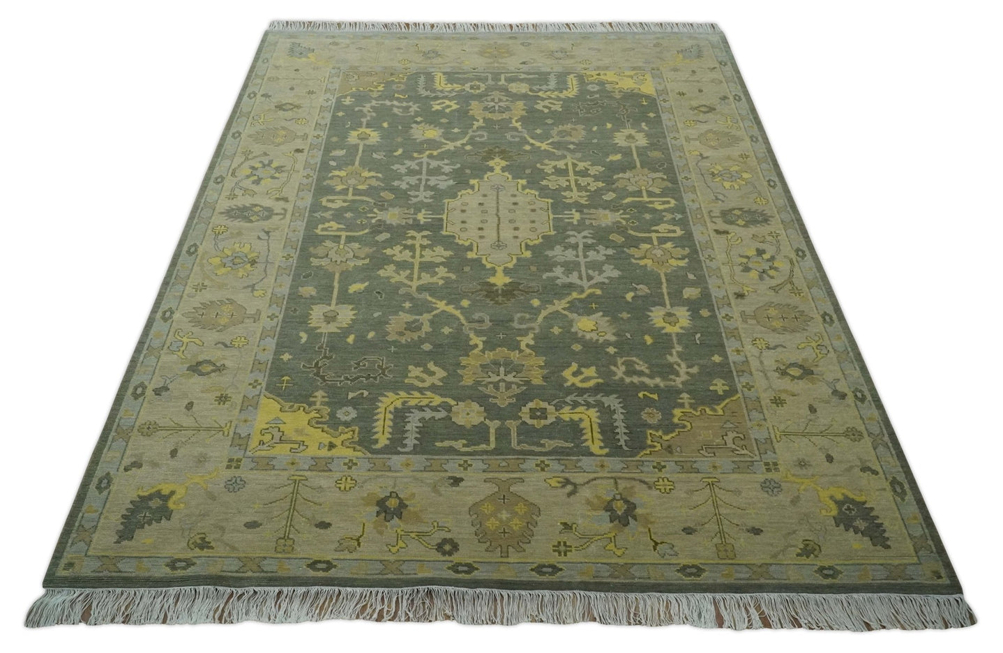 Charcoal, Olive and Mustard Hand knotted Oriental Oushak Custom Made wool Area Rug - The Rug Decor