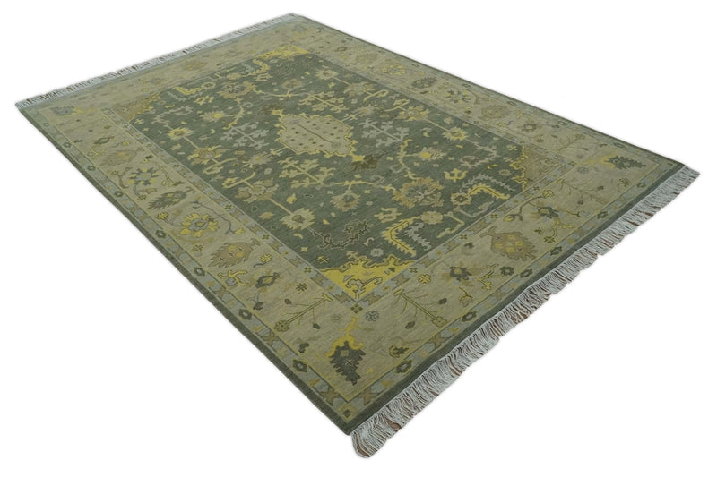 Charcoal, Olive and Mustard Hand knotted Oriental Oushak Custom Made wool Area Rug - The Rug Decor