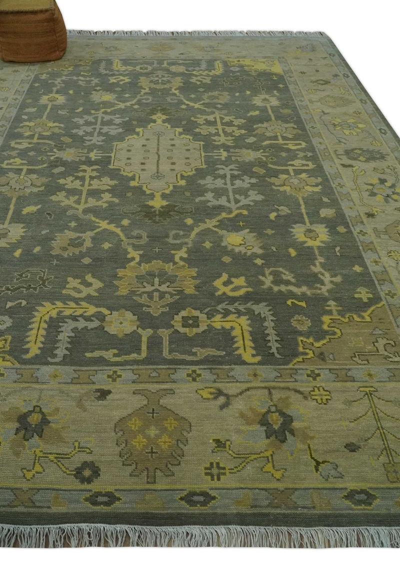 Charcoal, Olive and Mustard Hand knotted Oriental Oushak Custom Made wool Area Rug - The Rug Decor