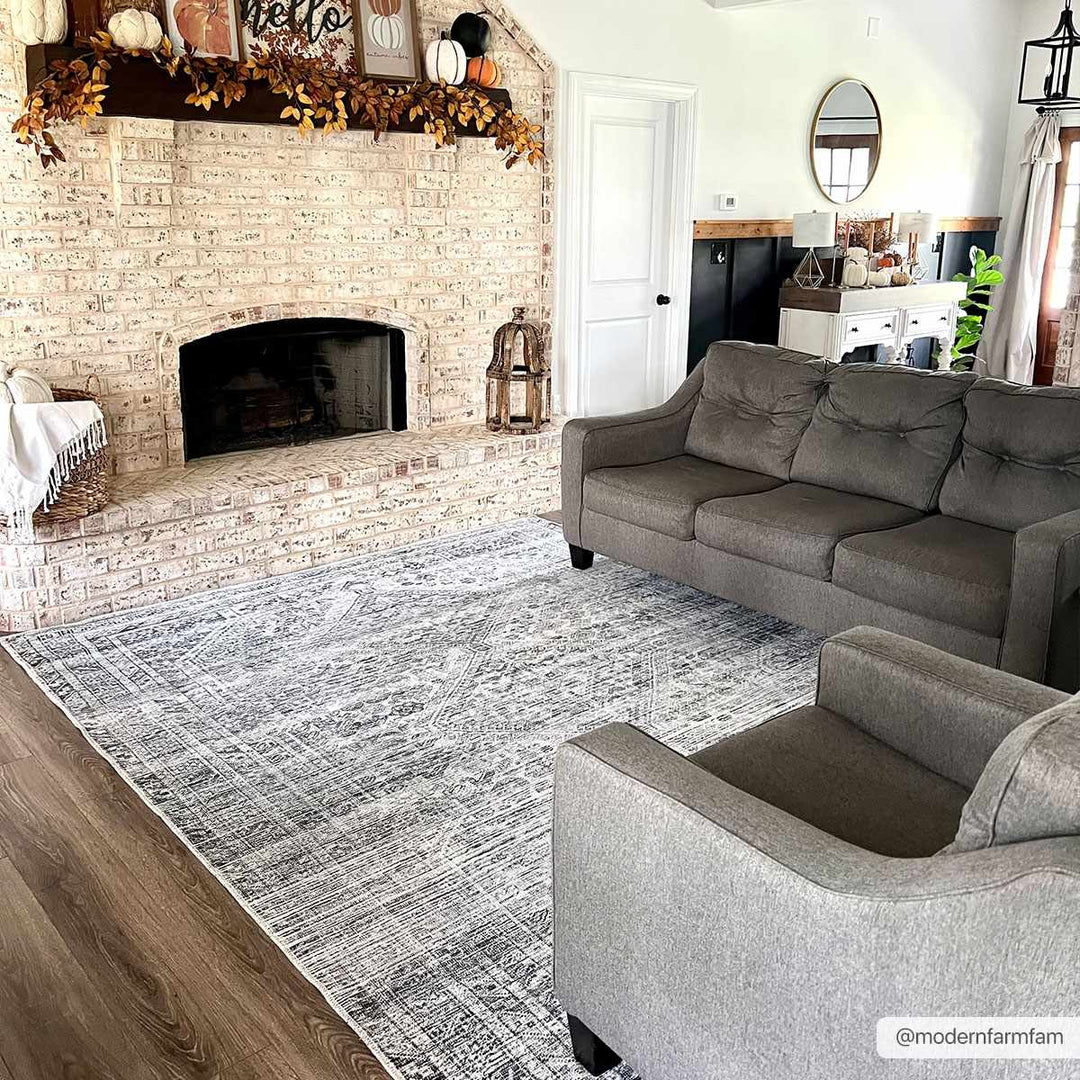 Charcoal, Silver and Ivory Transitional Washable Area Rug - The Rug Decor