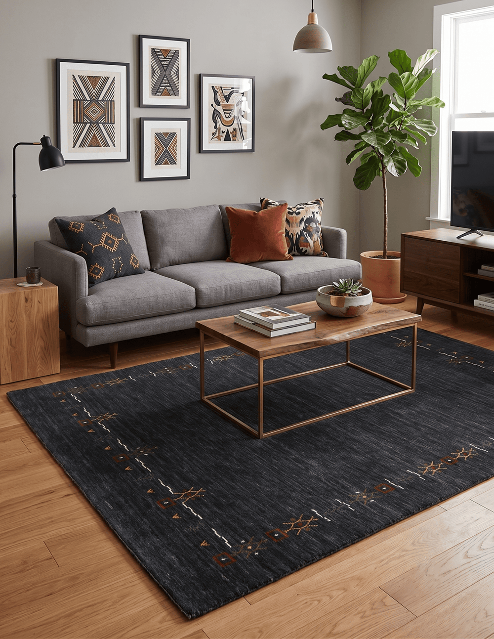 Charcoal Tribal Design Border Hand Loomed Wool Area Rug - The Rug Decor