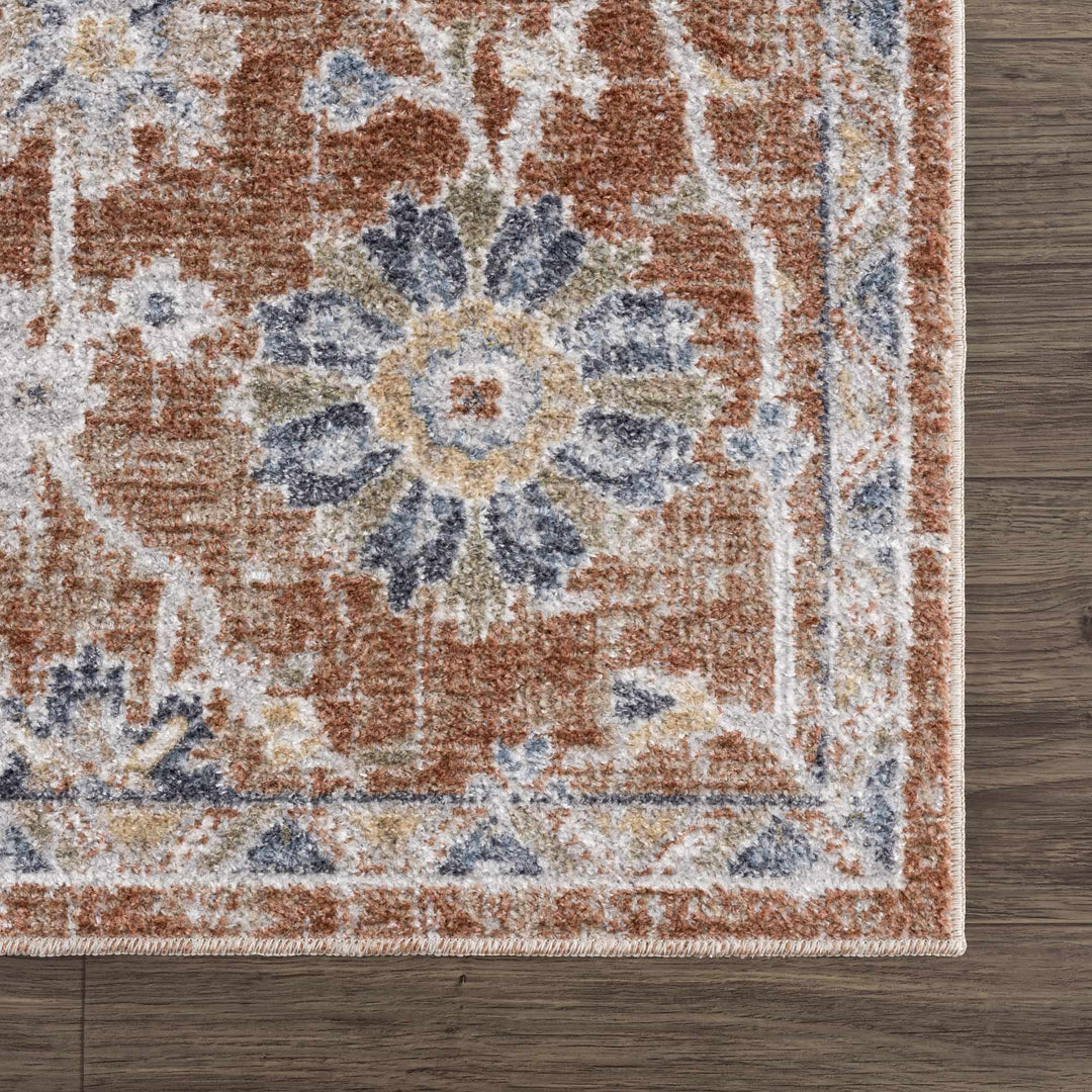 Chavi Traditional Design Rust And Blue Washable Rug - The Rug Decor