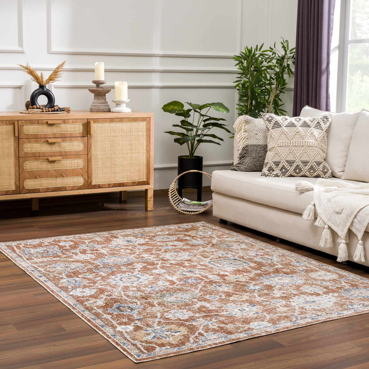 Chavi Traditional Design Rust And Blue Washable Rug - The Rug Decor