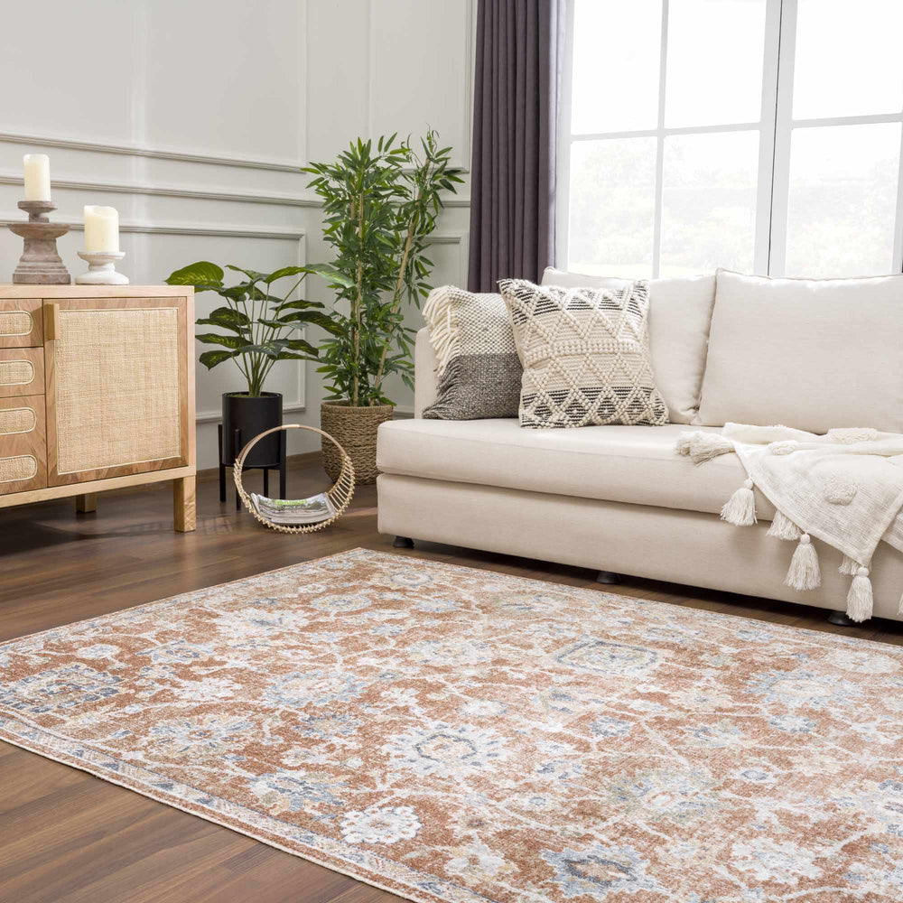 Chavi Traditional Design Rust And Blue Washable Rug - The Rug Decor