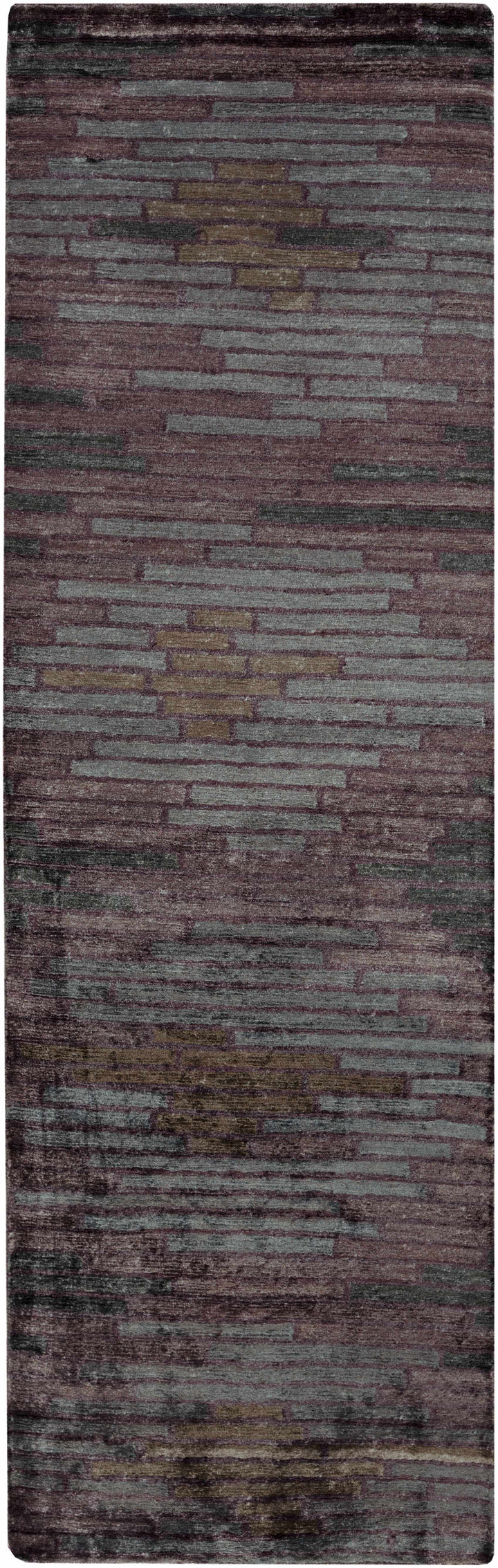 Abstract rectangular area rug in charcoal with subtle purple and gray block stripes.