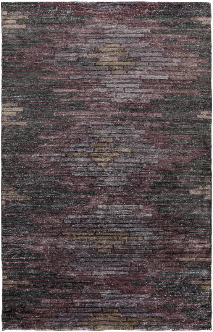 Abstract area rug with charcoal and purple tones, flat woven brick pattern.