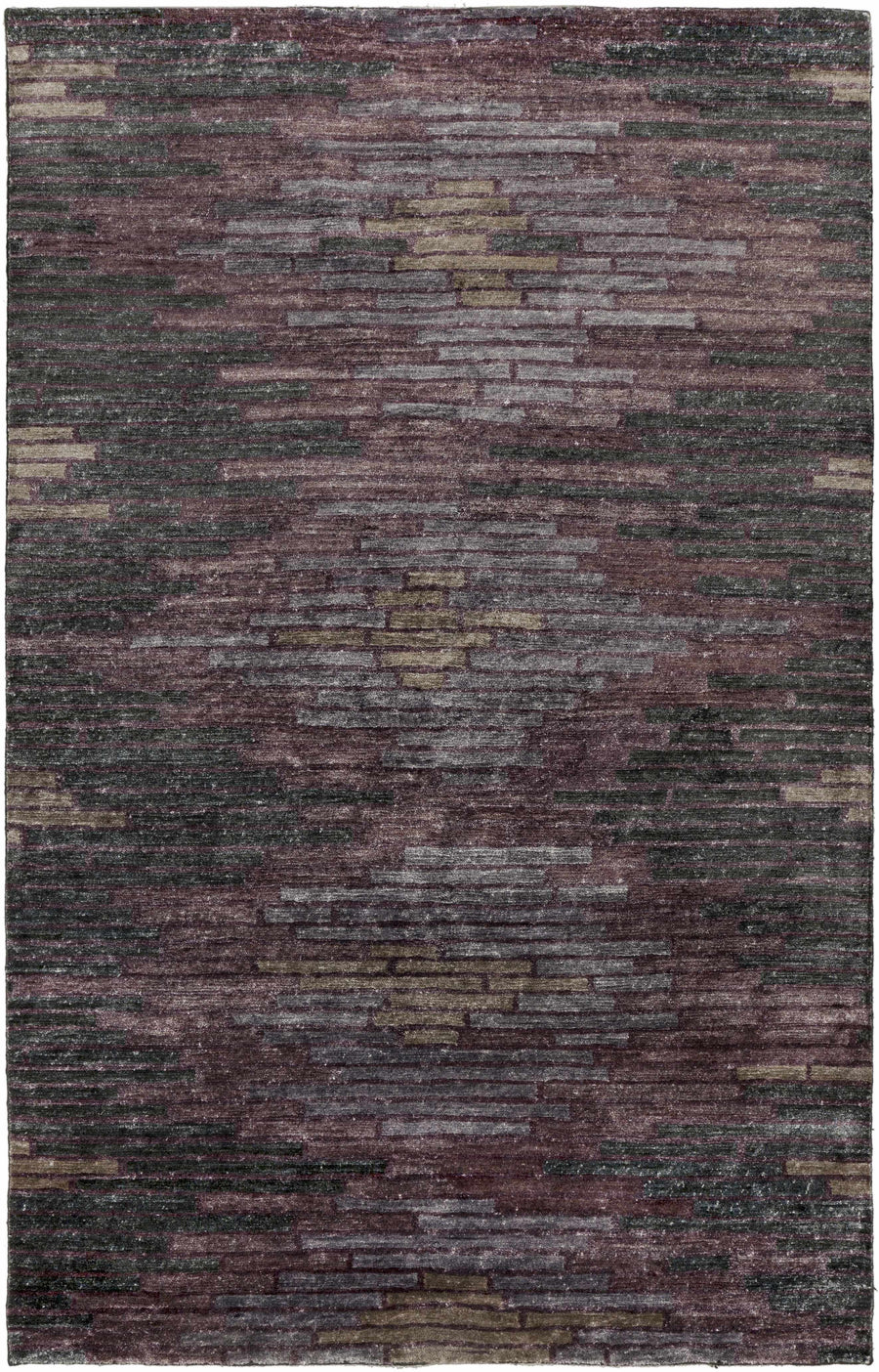 Abstract area rug with charcoal and purple tones, flat woven brick pattern.