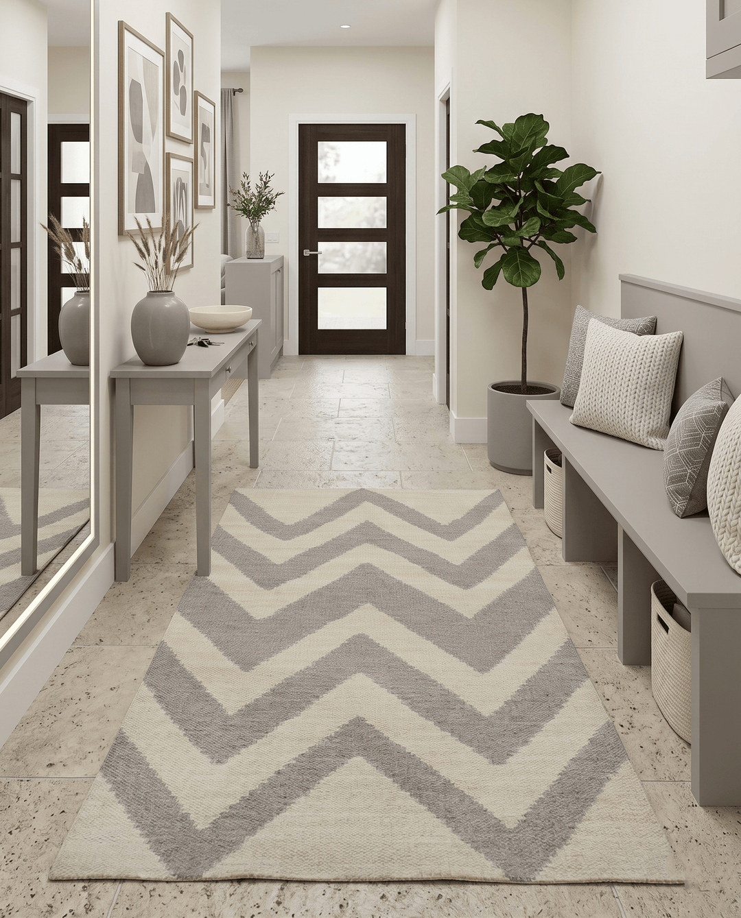 Chevron Pattern Gray and Beige Dhurrie Rug - The Rug Decor