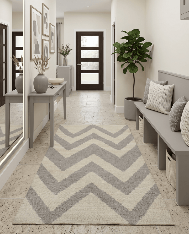 Chevron Pattern Gray and Beige Dhurrie Rug - The Rug Decor