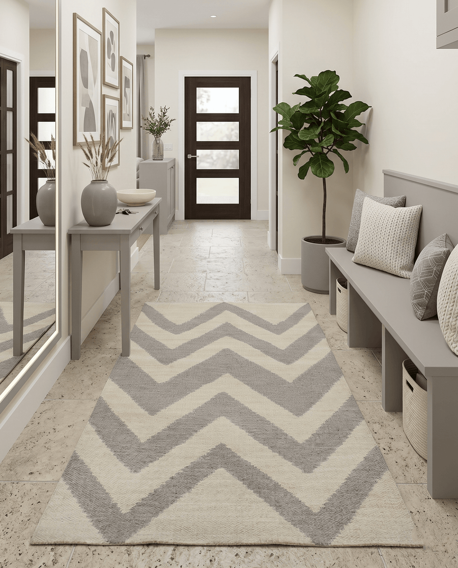 Chevron Pattern Gray and Beige Dhurrie Rug - The Rug Decor