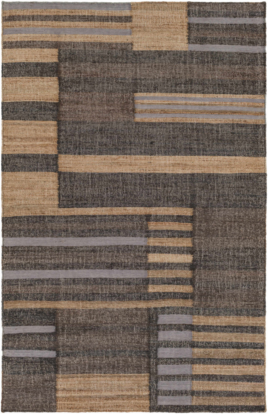 Hand-woven area rug with brown, beige, and dark gray patchwork stripes and blocks.