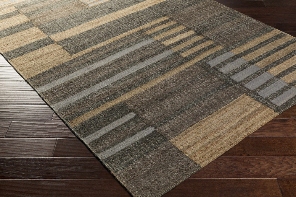 Rectangle hand-woven area rug in dark gray and beige with horizontal stripe pattern.