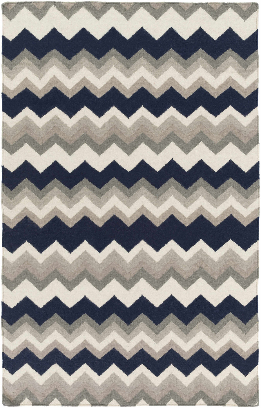 Hand-woven wool area rug with navy, gray, and cream chevron zigzag pattern