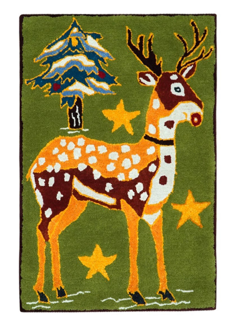 Christmas Rug 2x3 Green and Gold Reindeer Rug for Kids room decor, Playful Kids Rug - The Rug Decor