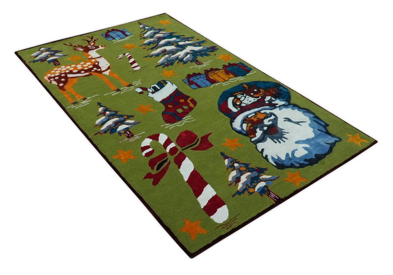 Christmas Rug 5x8 Colorful Santa, Reindeer and Candy Cane Green for kids room - The Rug Decor