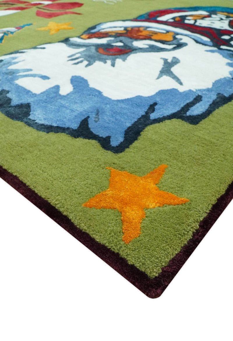 Christmas Rug 5x8 Colorful Santa, Reindeer and Candy Cane Green for kids room - The Rug Decor