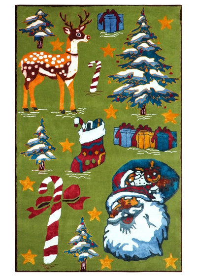 Christmas Rug 5x8 Colorful Santa, Reindeer and Candy Cane Green for kids room - The Rug Decor