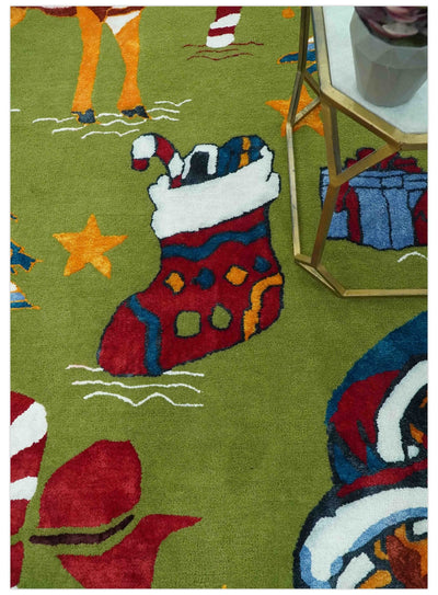 Christmas Rug 5x8 Colorful Santa, Reindeer and Candy Cane Green for kids room - The Rug Decor