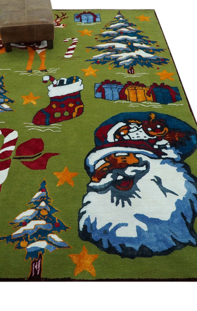 Christmas Rug 5x8 Colorful Santa, Reindeer and Candy Cane Green for kids room - The Rug Decor