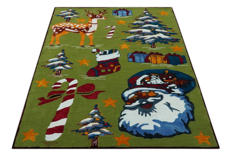 Christmas Rug 5x8 Colorful Santa, Reindeer and Candy Cane Green for kids room - The Rug Decor