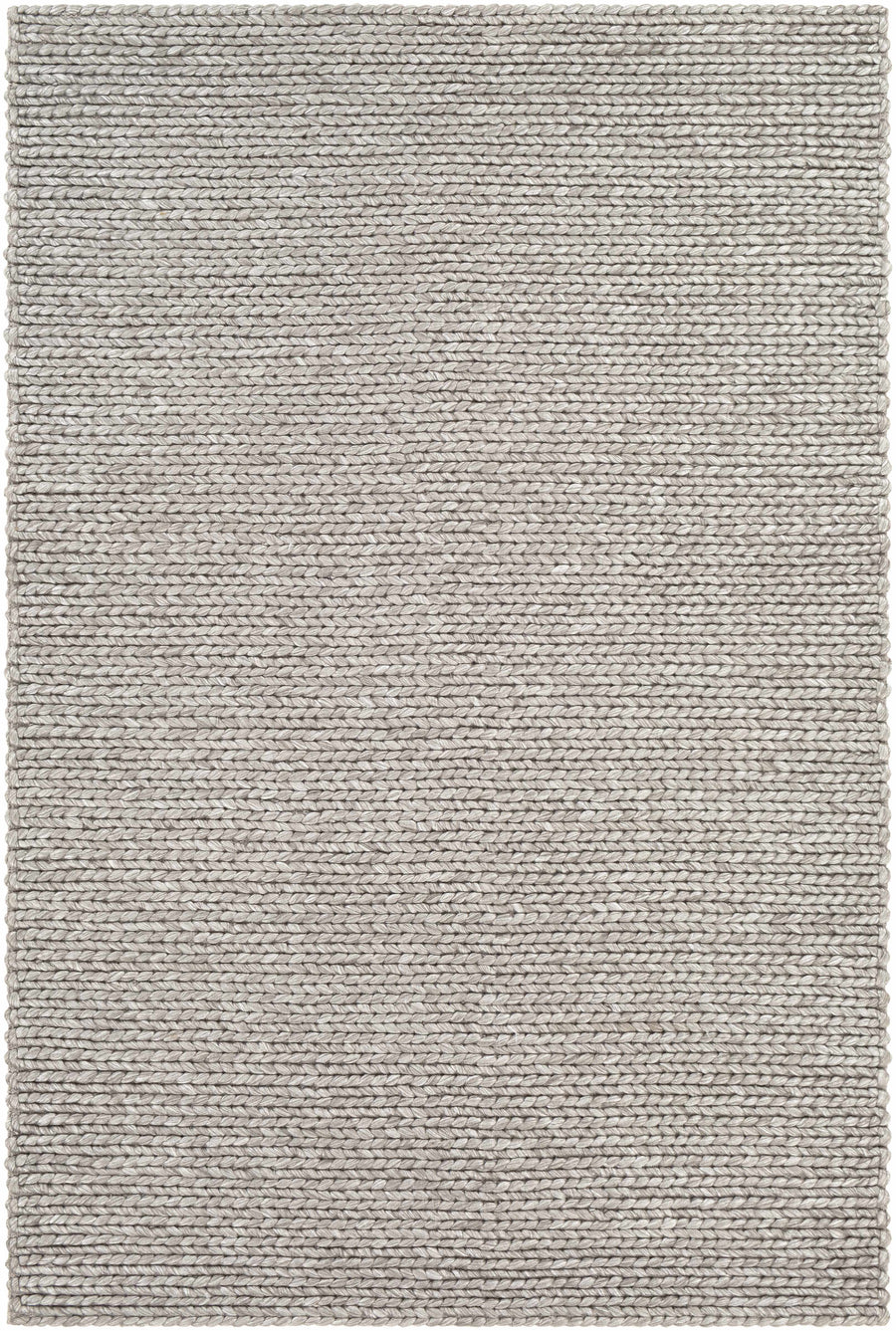 Hand-woven area rug in light gray, rectangular with textured looped weave.
