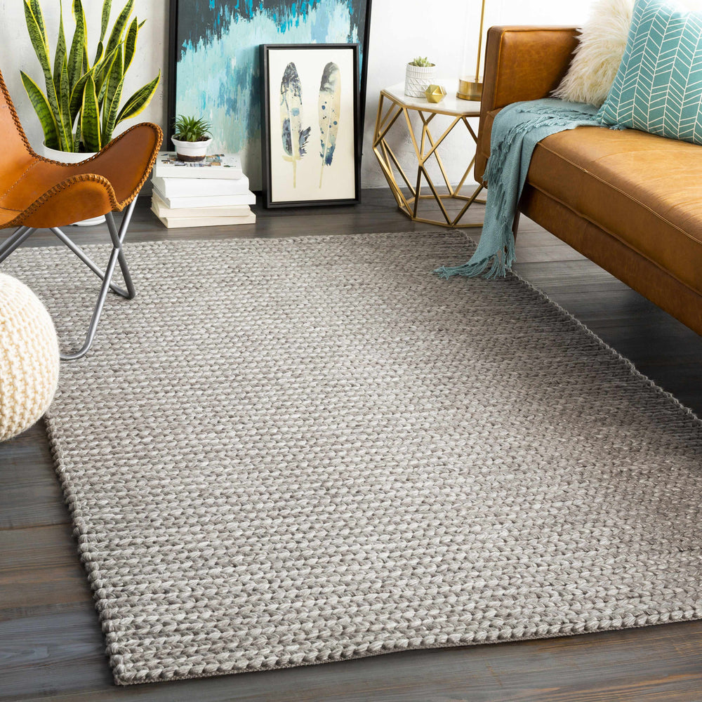 Hand-woven area rug in light gray with dense textured looped surface.