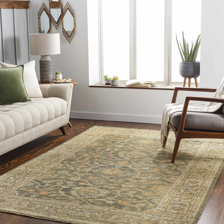 Clunes Traditional Floral Design Beige And Olive Hand Knotted Area Rug