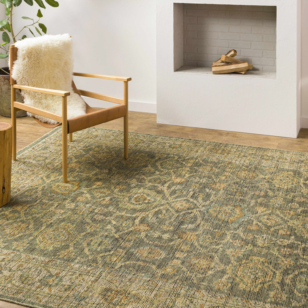Clunes Traditional Floral Design Beige And Olive Hand Knotted Area Rug