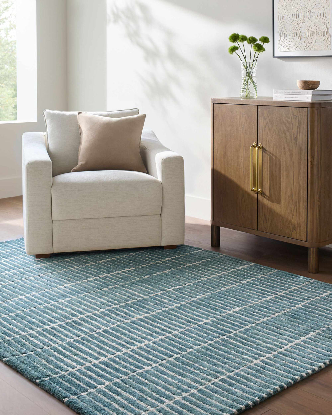 Finial Blue Modern Stripes Design Hand Tufted Wool Area Rug