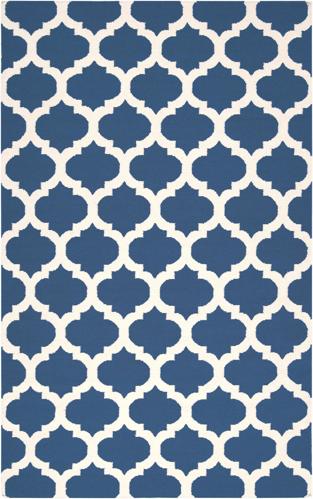 Wool area rug with blue and ivory geometric trellis lattice pattern