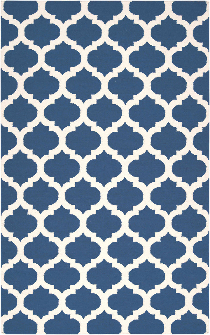 Wool area rug with blue and ivory geometric trellis lattice pattern