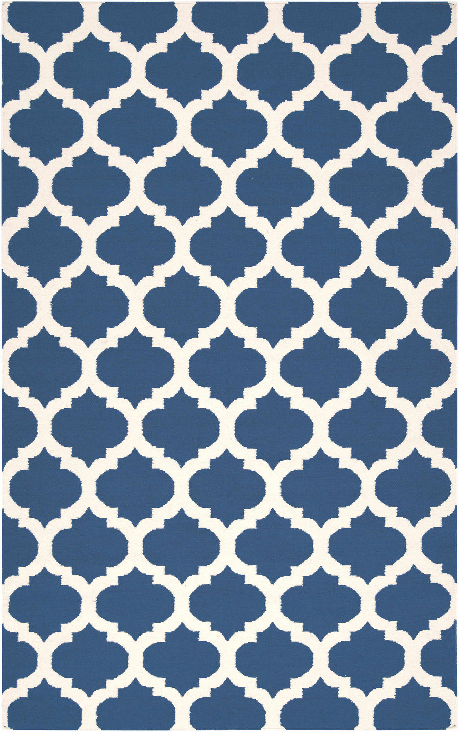 Wool area rug with blue and ivory geometric trellis lattice pattern