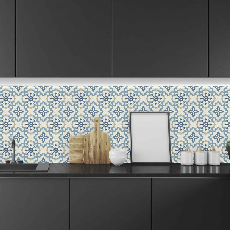 Coastal Kitchen Backsplash Ivory and Blue Self - Adhesive Wallpaper - The Rug Decor