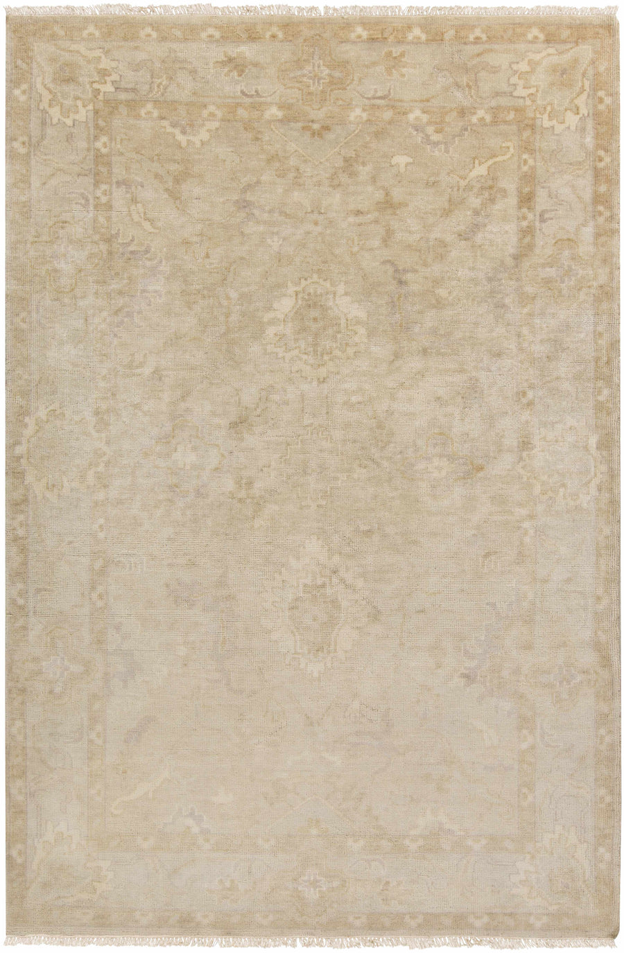 Beige hand-knotted Oushak rug with traditional medallion pattern and light border