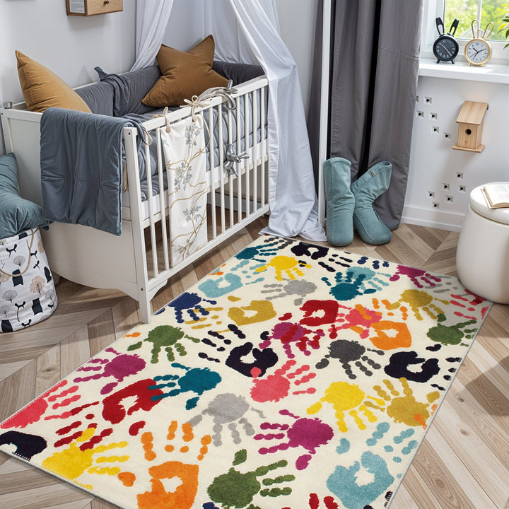 Colorful Handprints pattern Machine Washable Cotton Rug - The Rug Decor