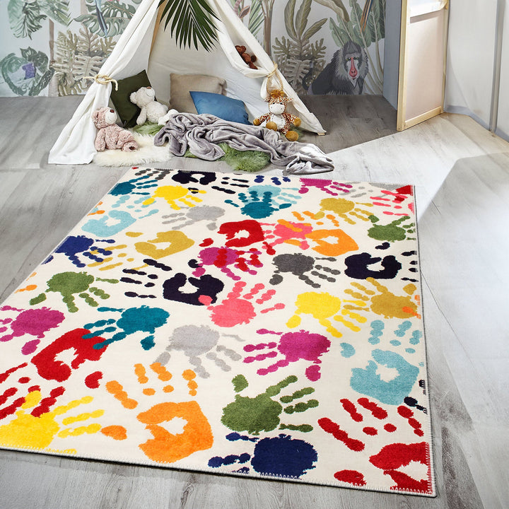 Colorful Handprints pattern Machine Washable Cotton Rug - The Rug Decor