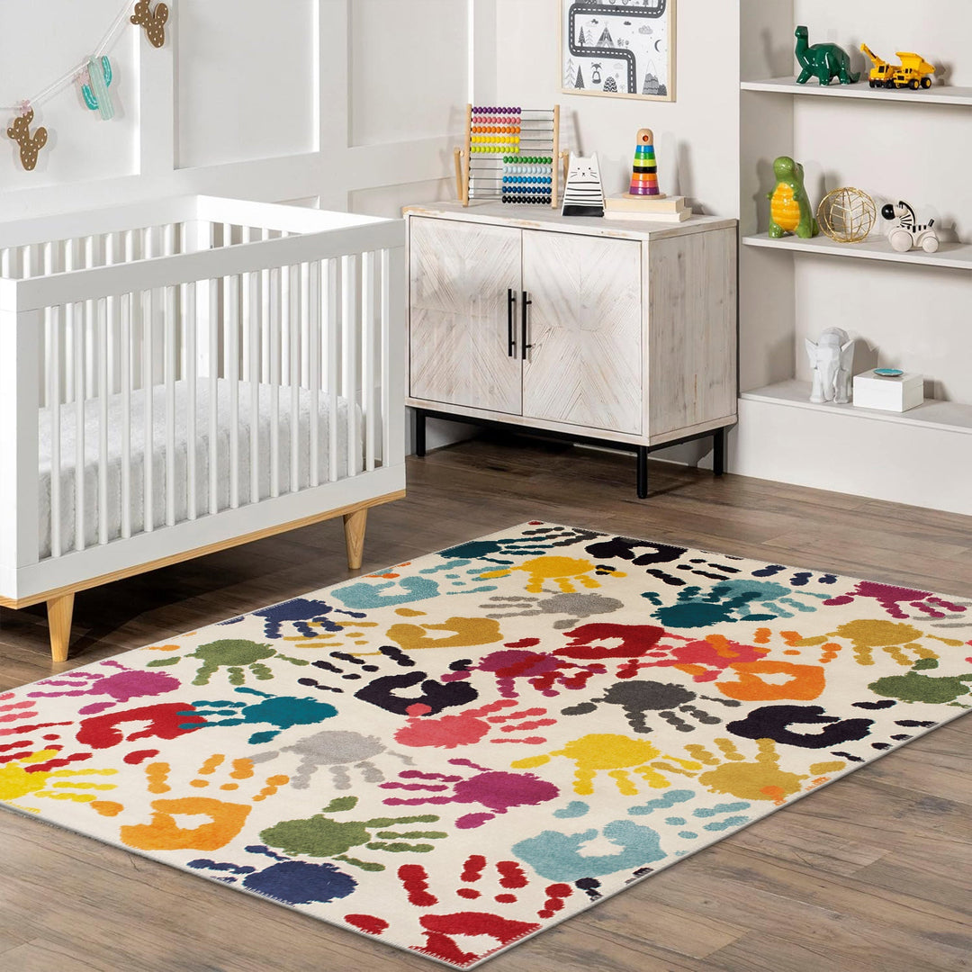 Colorful Handprints pattern Machine Washable Cotton Rug - The Rug Decor