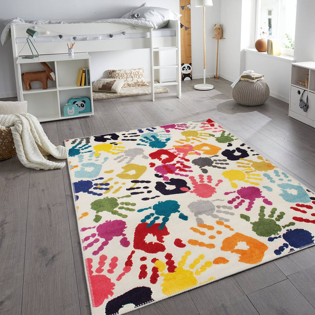 Colorful Handprints pattern Machine Washable Cotton Rug - The Rug Decor