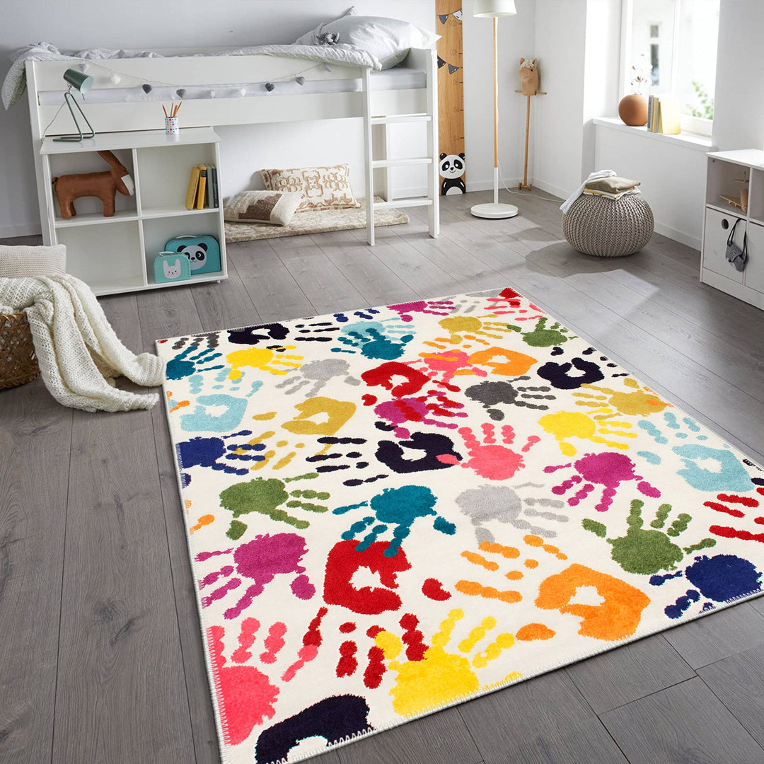 Colorful Handprints pattern Machine Washable Cotton Rug - The Rug Decor