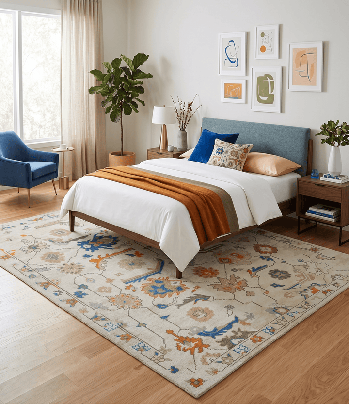 Colorful Ivory, Blue, Orange and Olive Hand Knotted Traditional Oriental Oushak Custom Made wool area Rug - The Rug Decor