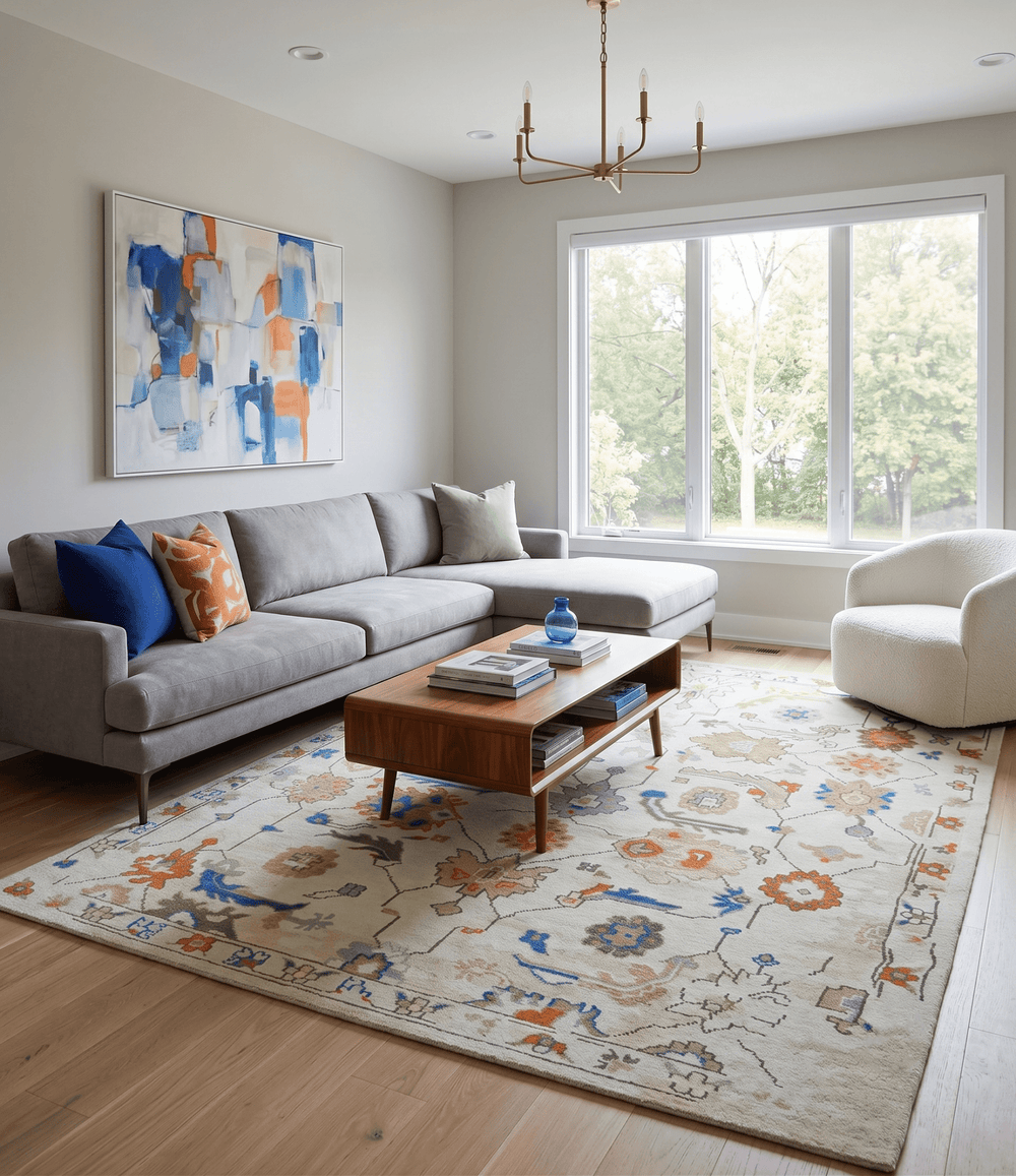 Colorful Ivory, Blue, Orange and Olive Hand Knotted Traditional Oriental Oushak Custom Made wool area Rug - The Rug Decor